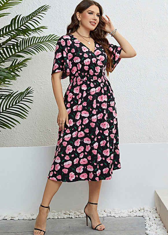 Bohemian V Neck Print Silk Maxi Dress Short Sleeve