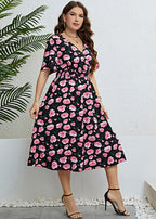 Bohemian V Neck Print Silk Maxi Dress Short Sleeve