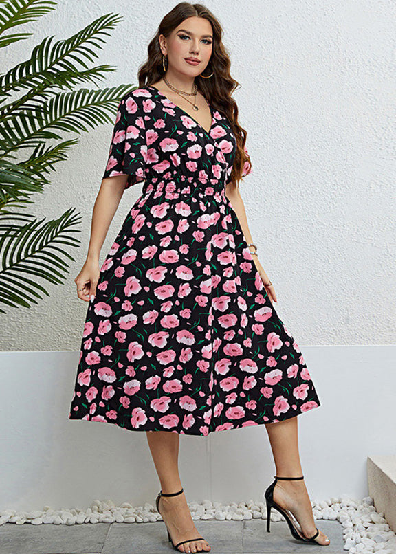 Bohemian V Neck Print Silk Maxi Dress Short Sleeve