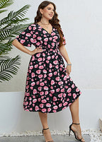 Bohemian V Neck Print Silk Maxi Dress Short Sleeve