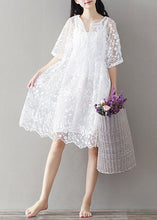 Load image into Gallery viewer, Bohemian White Embroideried Lace Patchwork Tulle Mid Dress Summer