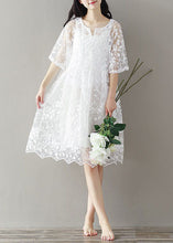 Load image into Gallery viewer, Bohemian White Embroideried Lace Patchwork Tulle Mid Dress Summer