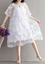 Load image into Gallery viewer, Bohemian White Embroideried Lace Patchwork Tulle Mid Dress Summer