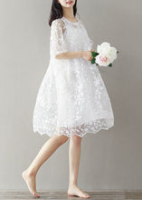 Load image into Gallery viewer, Bohemian White Embroideried Lace Patchwork Tulle Mid Dress Summer