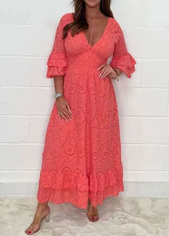 Bohemian White Ruffled Hollow Out Patchwork Cotton Long Dresses Flare Sleeve