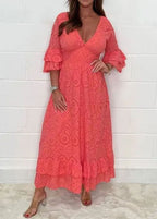 Bohemian White Ruffled Hollow Out Patchwork Cotton Long Dresses Flare Sleeve