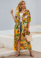 Bohemian Yellow V Neck Asymmetrical Print Sashes Maxi Trench Coats Summer