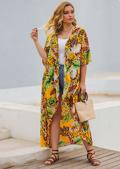 Bohemian Yellow V Neck Asymmetrical Print Sashes Maxi Trench Coats Summer