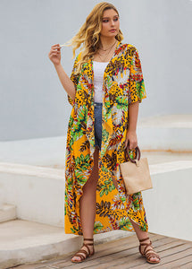 Bohemian Yellow V Neck Asymmetrical Print Sashes Maxi Trench Coats Summer