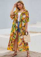 Bohemian Yellow V Neck Asymmetrical Print Sashes Maxi Trench Coats Summer