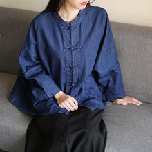Load image into Gallery viewer, Bohemian denim dark blue clothes For Women stand collar Chinese Button tunic blouse