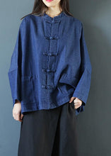 Load image into Gallery viewer, Bohemian denim dark blue clothes For Women stand collar Chinese Button tunic blouse
