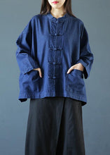 Load image into Gallery viewer, Bohemian denim dark blue clothes For Women stand collar Chinese Button tunic blouse