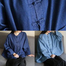 Load image into Gallery viewer, Bohemian denim dark blue clothes For Women stand collar Chinese Button tunic blouse