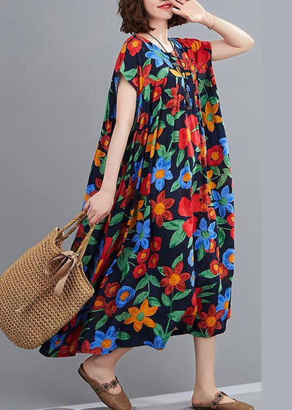 Bohemian navy print clothes o neck pockets robes summer Dresses