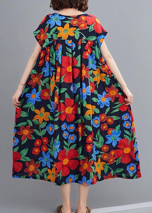 Bohemian navy print clothes o neck pockets robes summer Dresses