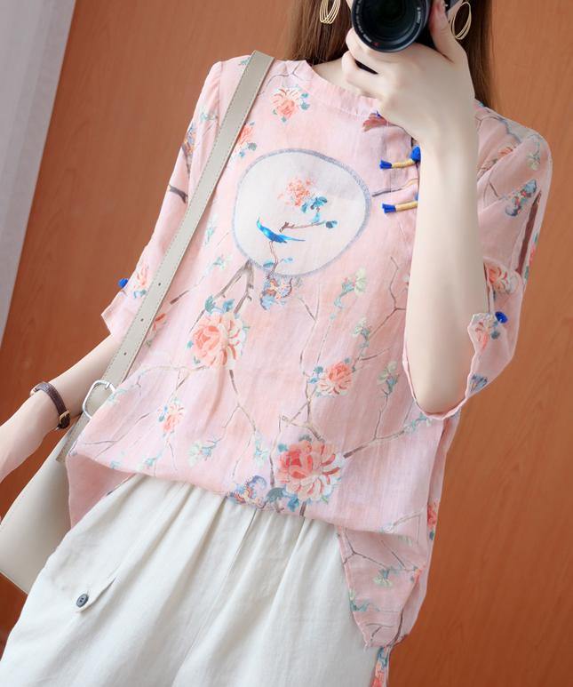 Bohemian o neck half sleeve blouses for women Shirts pink print tops