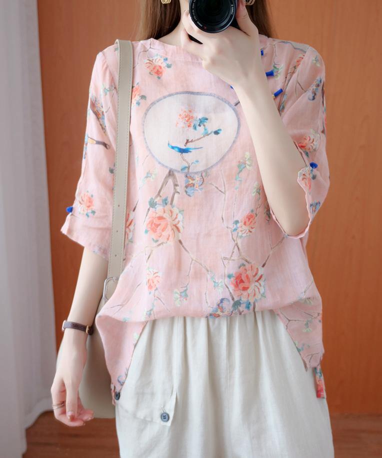 Bohemian o neck half sleeve blouses for women Shirts pink print tops