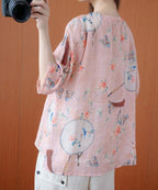 Bohemian o neck half sleeve blouses for women Shirts pink print tops