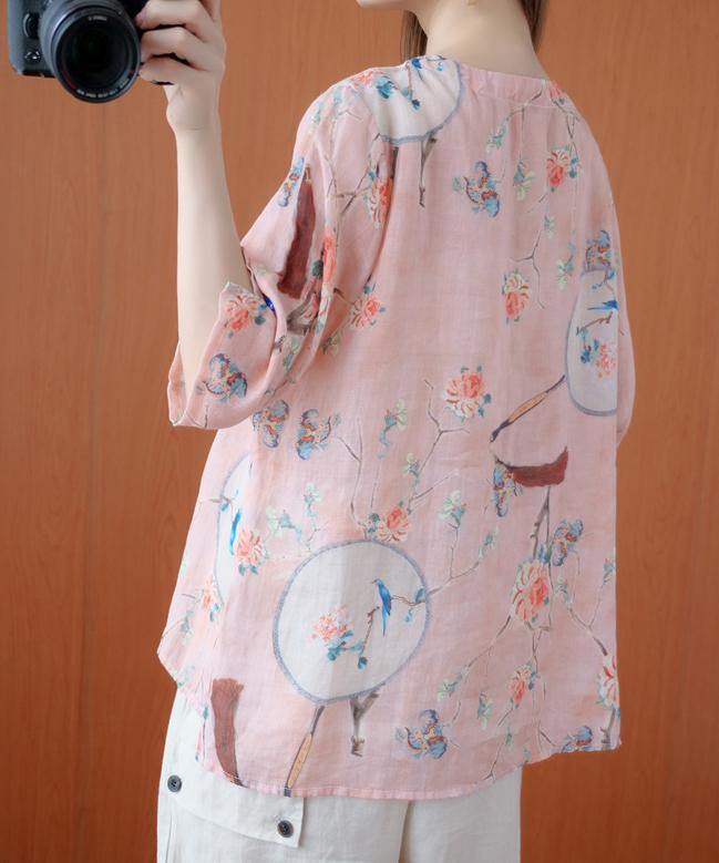 Bohemian o neck half sleeve blouses for women Shirts pink print tops