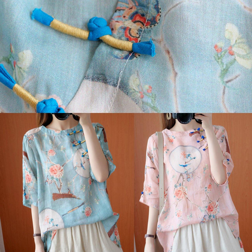 Bohemian o neck half sleeve blouses for women Shirts pink print tops