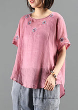 Load image into Gallery viewer, Bohemian pink embroidery tops Work Outfits o neck shirts