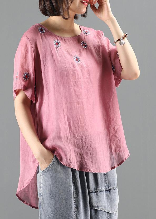 Bohemian pink embroidery tops Work Outfits o neck shirts