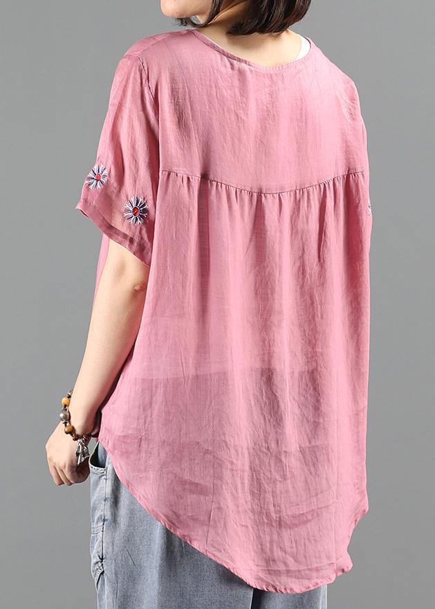 Bohemian pink embroidery tops Work Outfits o neck shirts