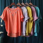 Bohemian pink embroidery tops Work Outfits o neck shirts