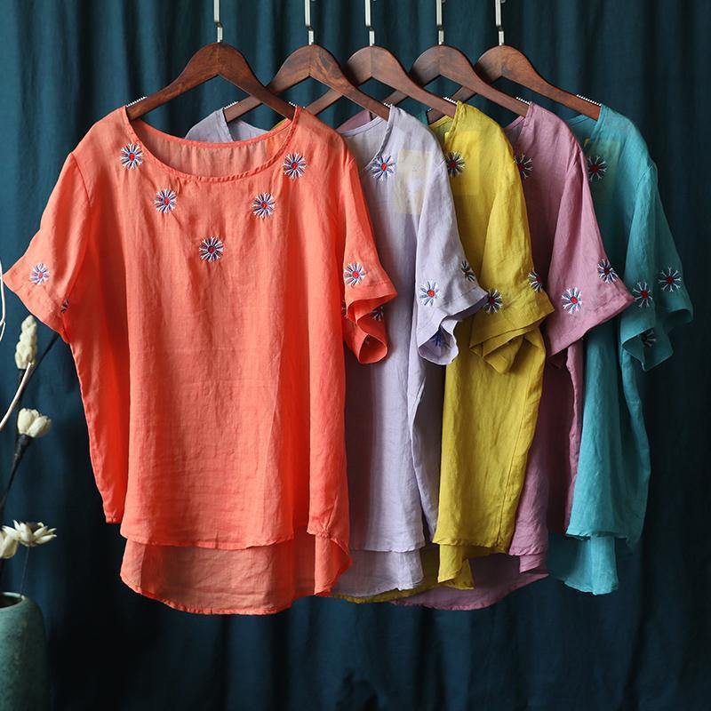 Bohemian pink embroidery tops Work Outfits o neck shirts