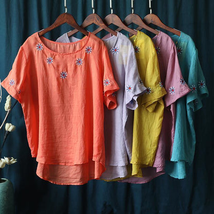 Bohemian pink embroidery tops Work Outfits o neck shirts