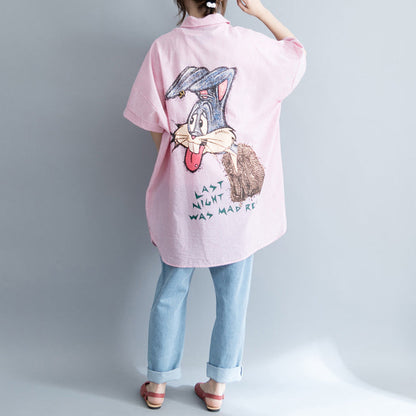 Bohemian pink striped Cotton clothes Sweets Outfits lapel embroidery daily Dresses