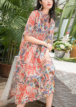 Load image into Gallery viewer, Bohemian red print silk linen clothes Work Outfits stand collar pockets A Line Summer Dress