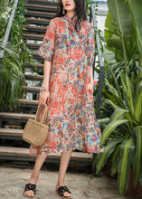 Load image into Gallery viewer, Bohemian red print silk linen clothes Work Outfits stand collar pockets A Line Summer Dress