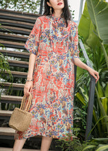 Load image into Gallery viewer, Bohemian red print silk linen clothes Work Outfits stand collar pockets A Line Summer Dress
