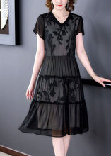 Load image into Gallery viewer, Boho Black Embroideried Patchwork Ruffled Chiffon Maxi Dresses Summer