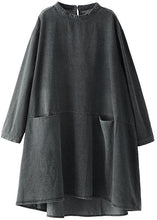 Load image into Gallery viewer, Boho Black Grey-flower O-Neck Pockets Denim Long Dresses Long Sleeve