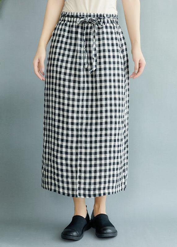 Boho Black Plaid Pockets Fall Tie Waist Skirt