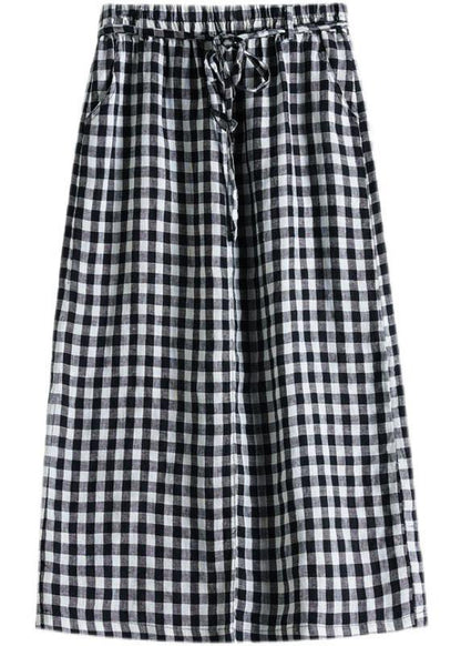 Boho Black Plaid Pockets Fall Tie Waist Skirt