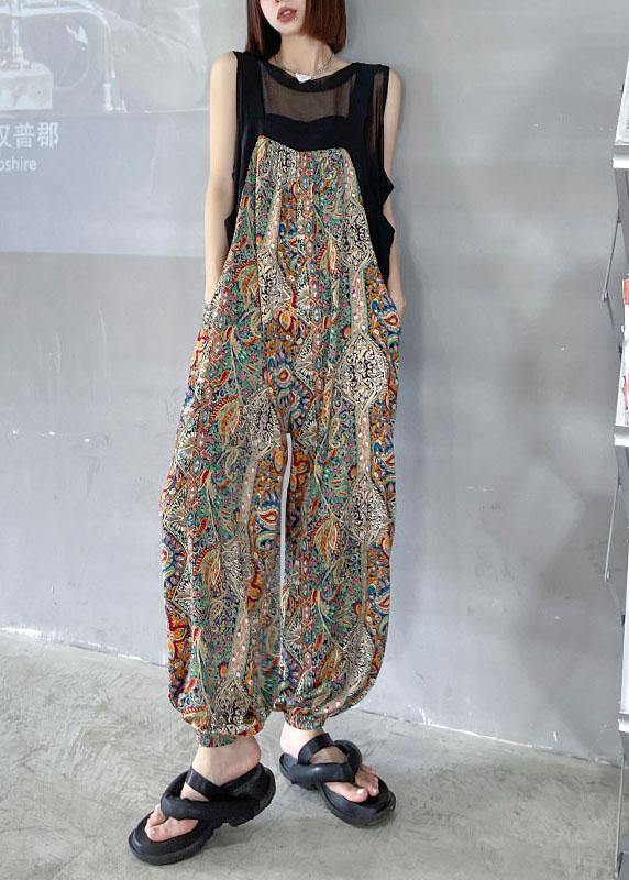 Boho Black Print Pockets carpenter pants Pants