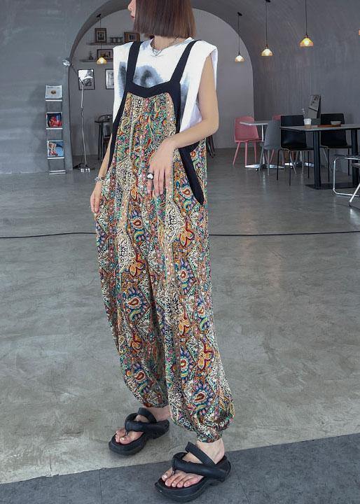 Boho Black Print Pockets carpenter pants Pants