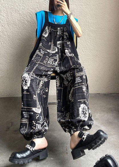 Boho Black Print Pockets carpenter pants Pants