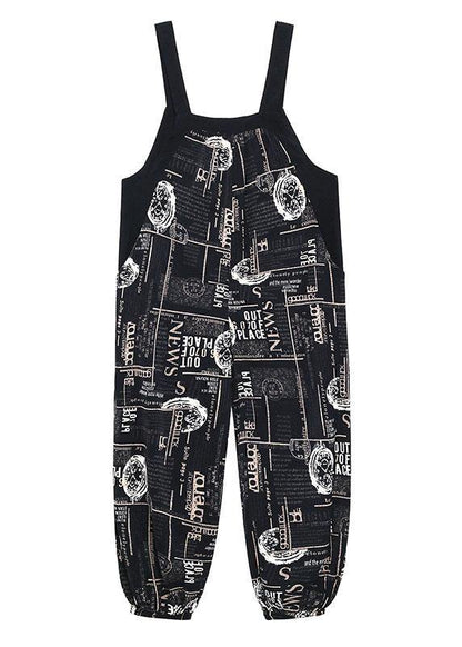 Boho Black Print Pockets carpenter pants Pants