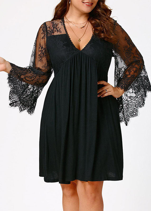 Boho Black V Neck Wrinkled Lace Patchwork Solid Mid Dresses Long Sleeve