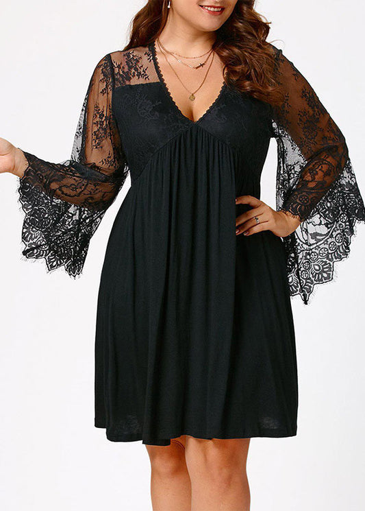 Boho Black V Neck Wrinkled Lace Patchwork Solid Mid Dresses Long Sleeve