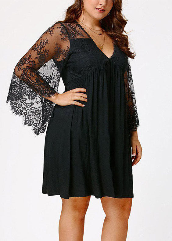 Boho Black V Neck Wrinkled Lace Patchwork Solid Mid Dresses Long Sleeve