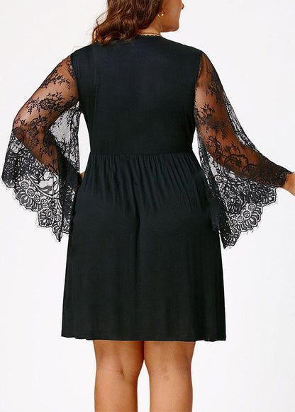 Boho Black V Neck Wrinkled Lace Patchwork Solid Mid Dresses Long Sleeve