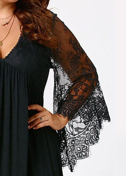 Boho Black V Neck Wrinkled Lace Patchwork Solid Mid Dresses Long Sleeve