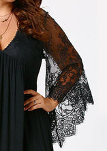 Load image into Gallery viewer, Boho Black V Neck Wrinkled Lace Patchwork Solid Mid Dresses Long Sleeve