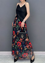 Load image into Gallery viewer, Boho Black Wrinkled Tasseled Floral Print Cotton Skirts Spring
